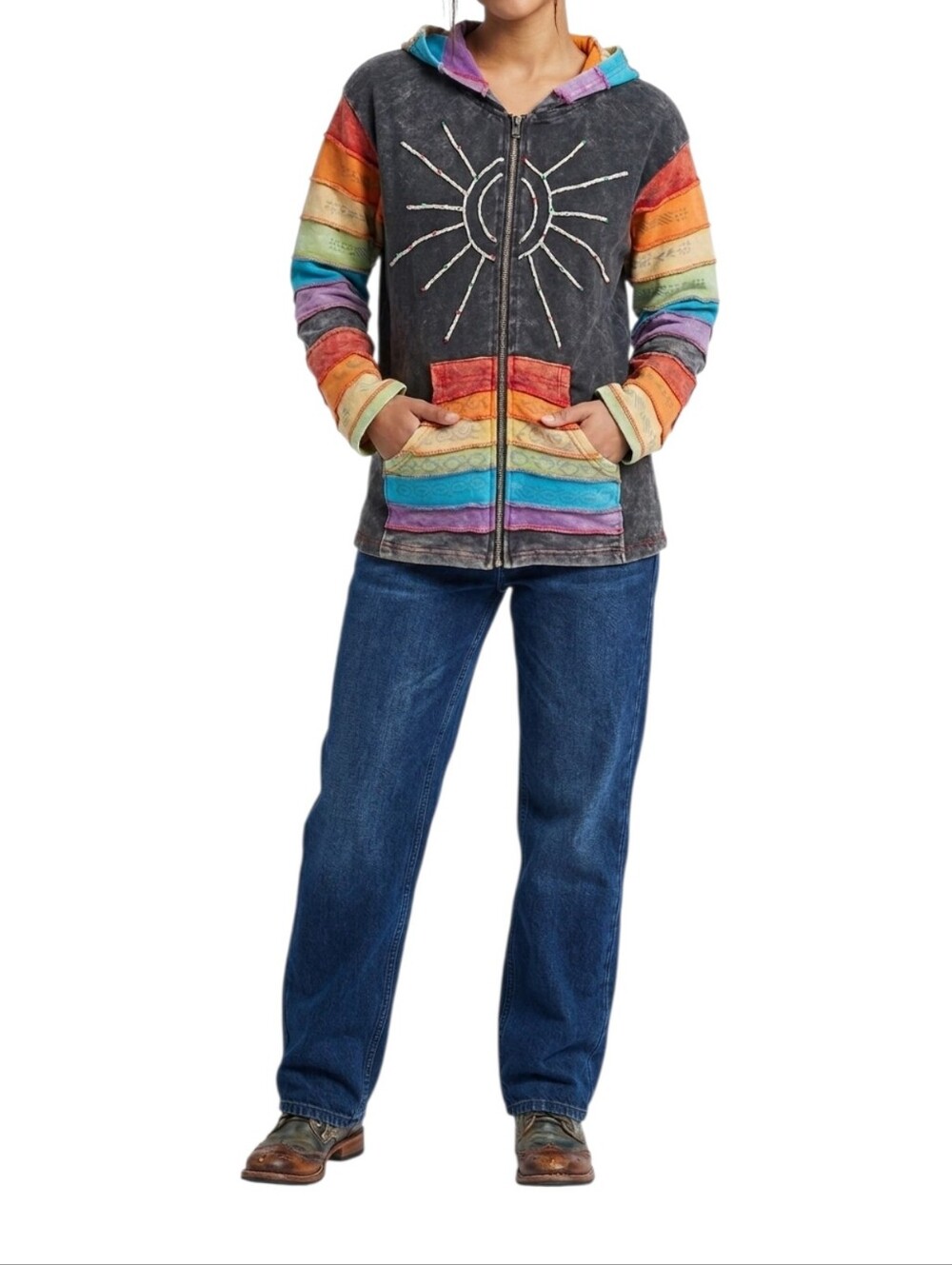 Rising International black boho zip-up hoodie rainbow patchwork XL